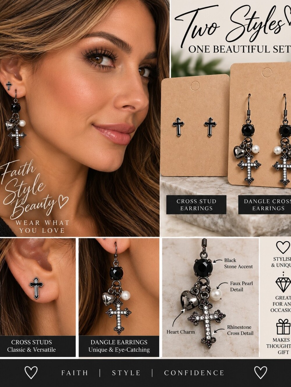 Faith Cross Earring Set - Black & Silver Dangle and Stud Earrings